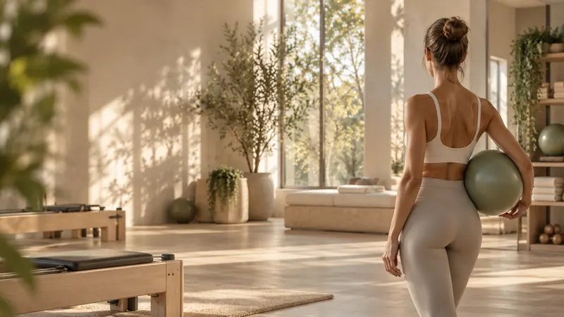 Γυναίκα με μπάλα pilates σε φωτεινό studio